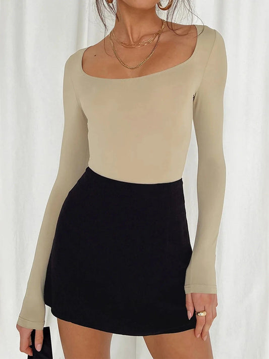 Long Sleeve Scoop Neck Fitted Shirt Long Sleeves Khaki / S The Nichole Collection
