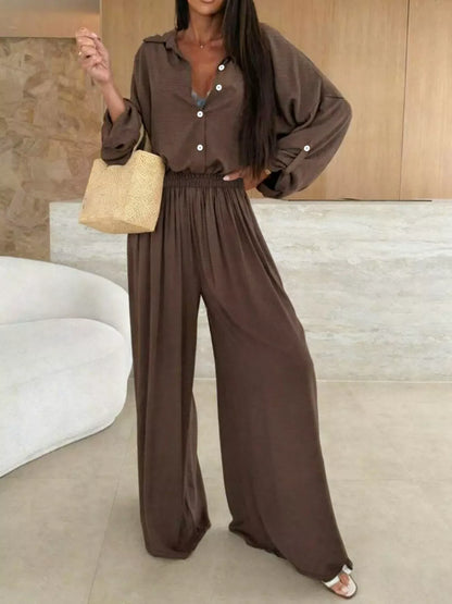 Long Sleeve Shirt and Wide Leg Pants Set Women's Sets The Nichole Collection