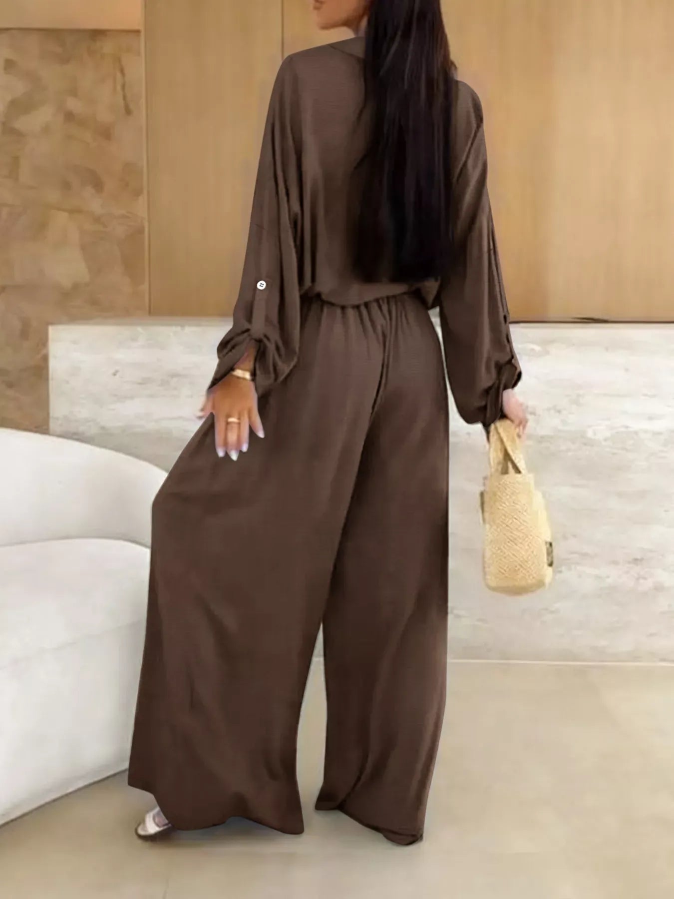 Long Sleeve Shirt and Wide Leg Pants Set Women's Sets The Nichole Collection