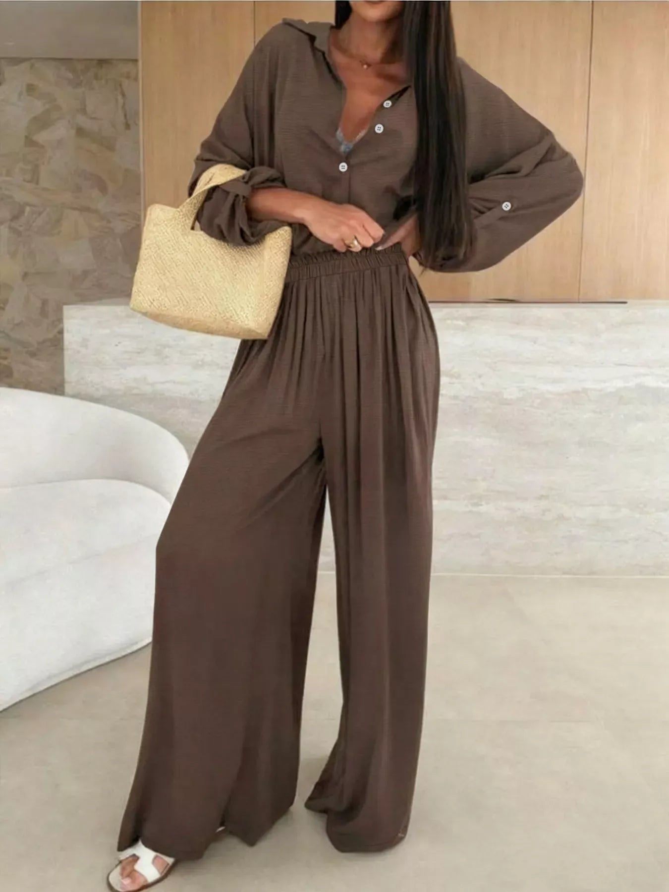 Long Sleeve Shirt and Wide Leg Pants Set Women's Sets Coffee Brown / S The Nichole Collection