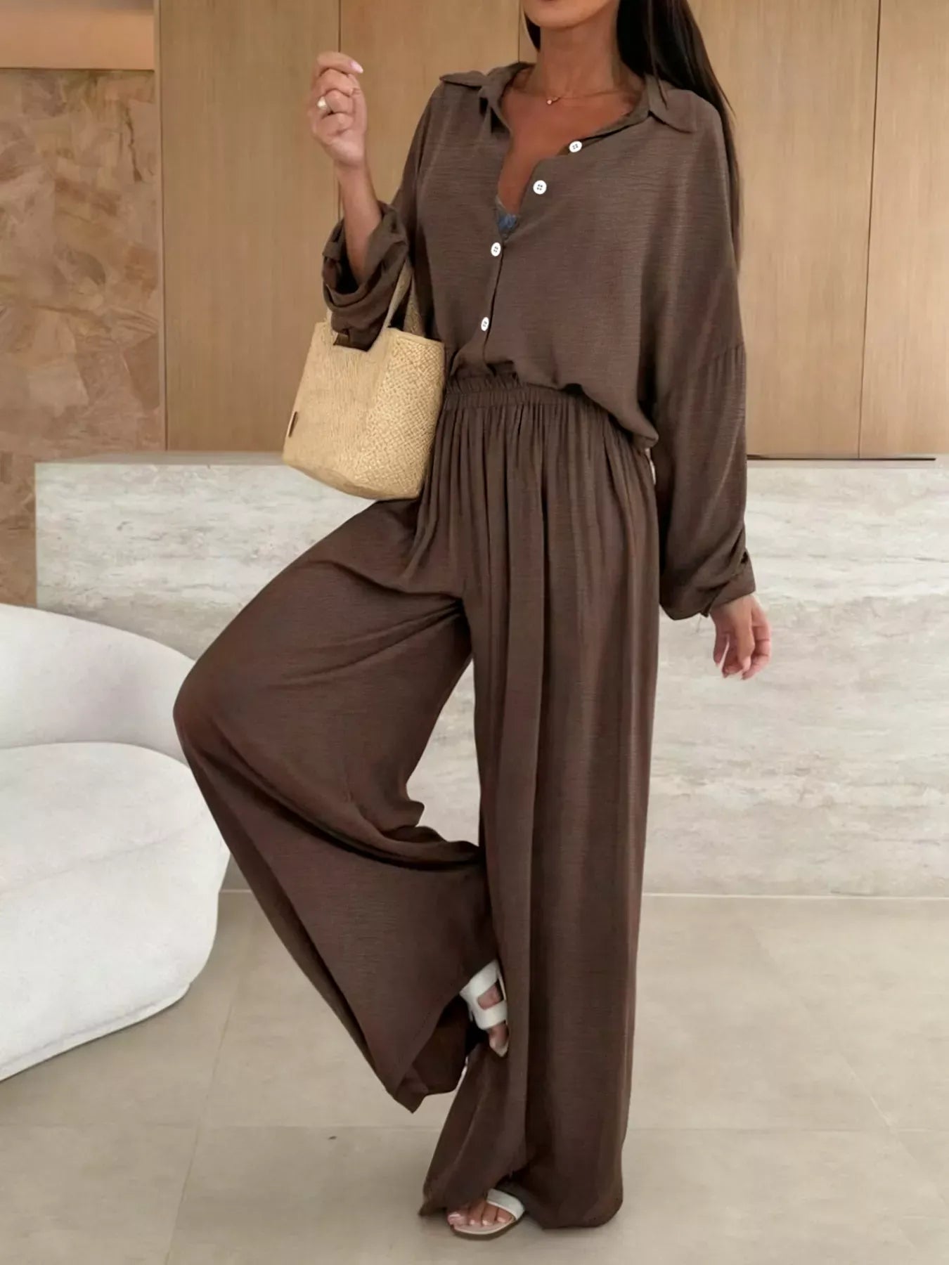 Long Sleeve Shirt and Wide Leg Pants Set Women's Sets The Nichole Collection
