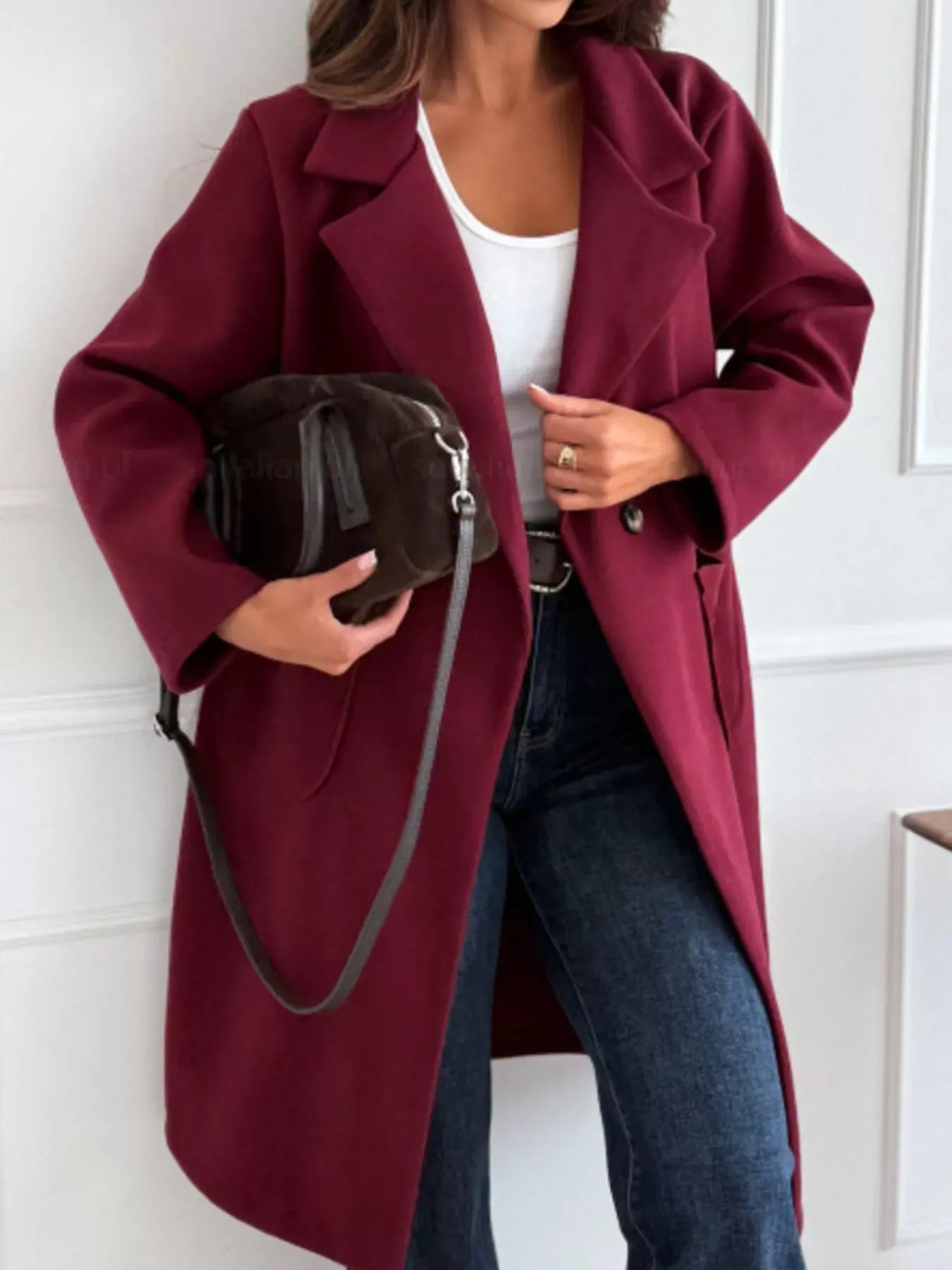 Long-Sleeve Single-Breasted Trench Coat Burgundy / S The Nichole Collection