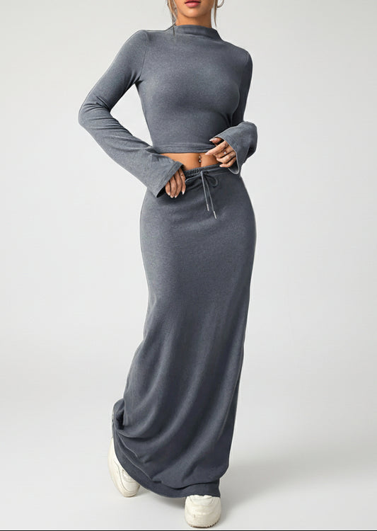 Long Sleeve Top & Drawstring Maxi Skirt Set Dark Gray / S The Nichole Collection - Official Site