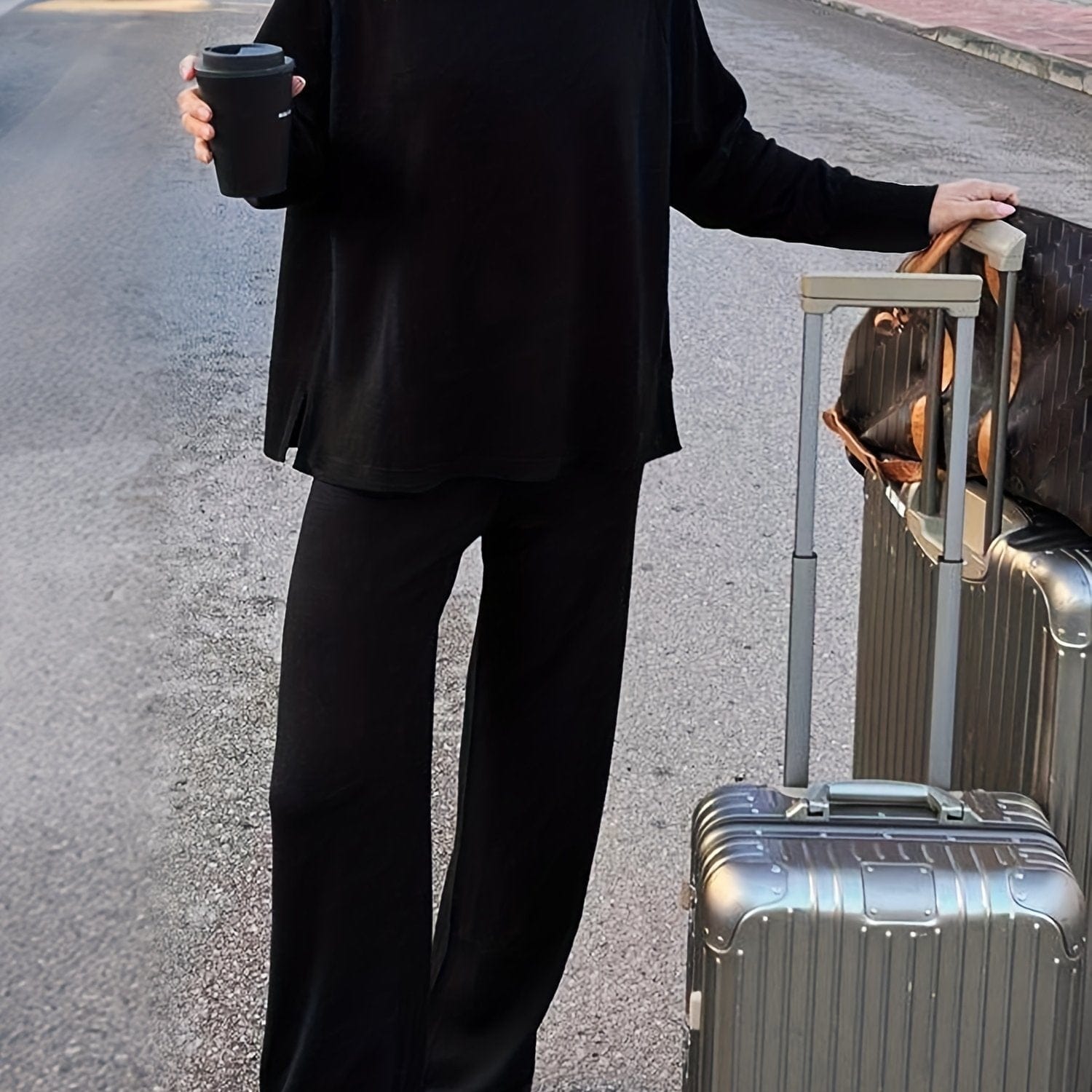 Luxe Fleece-Lined Loungewear Knit Set – Soft Round-Neck Sweater & Split-Hem Pant Ensemble Black / S The Nichole Collection