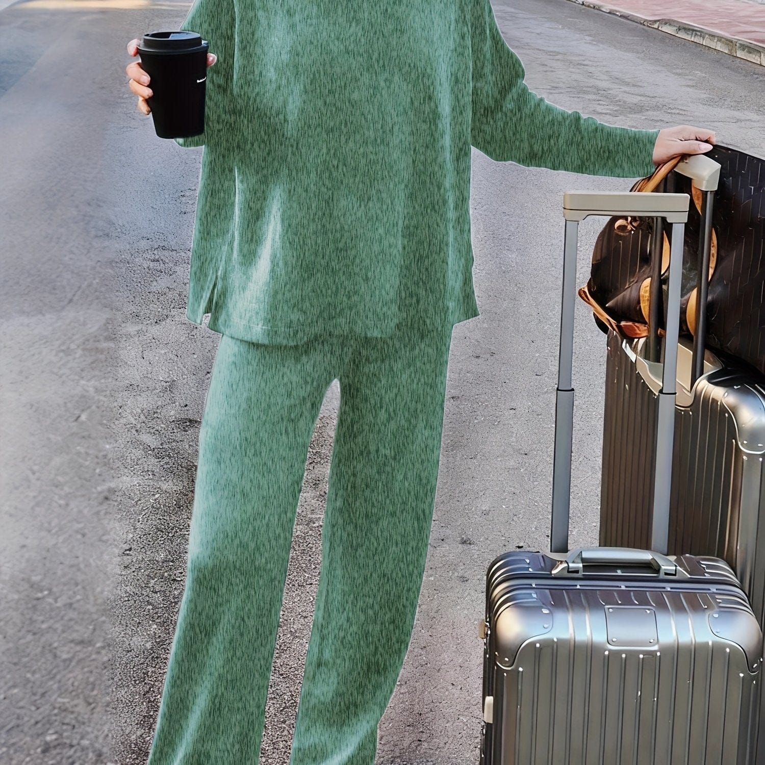 Luxe Fleece-Lined Loungewear Knit Set – Soft Round-Neck Sweater & Split-Hem Pant Ensemble Light Green / S The Nichole Collection