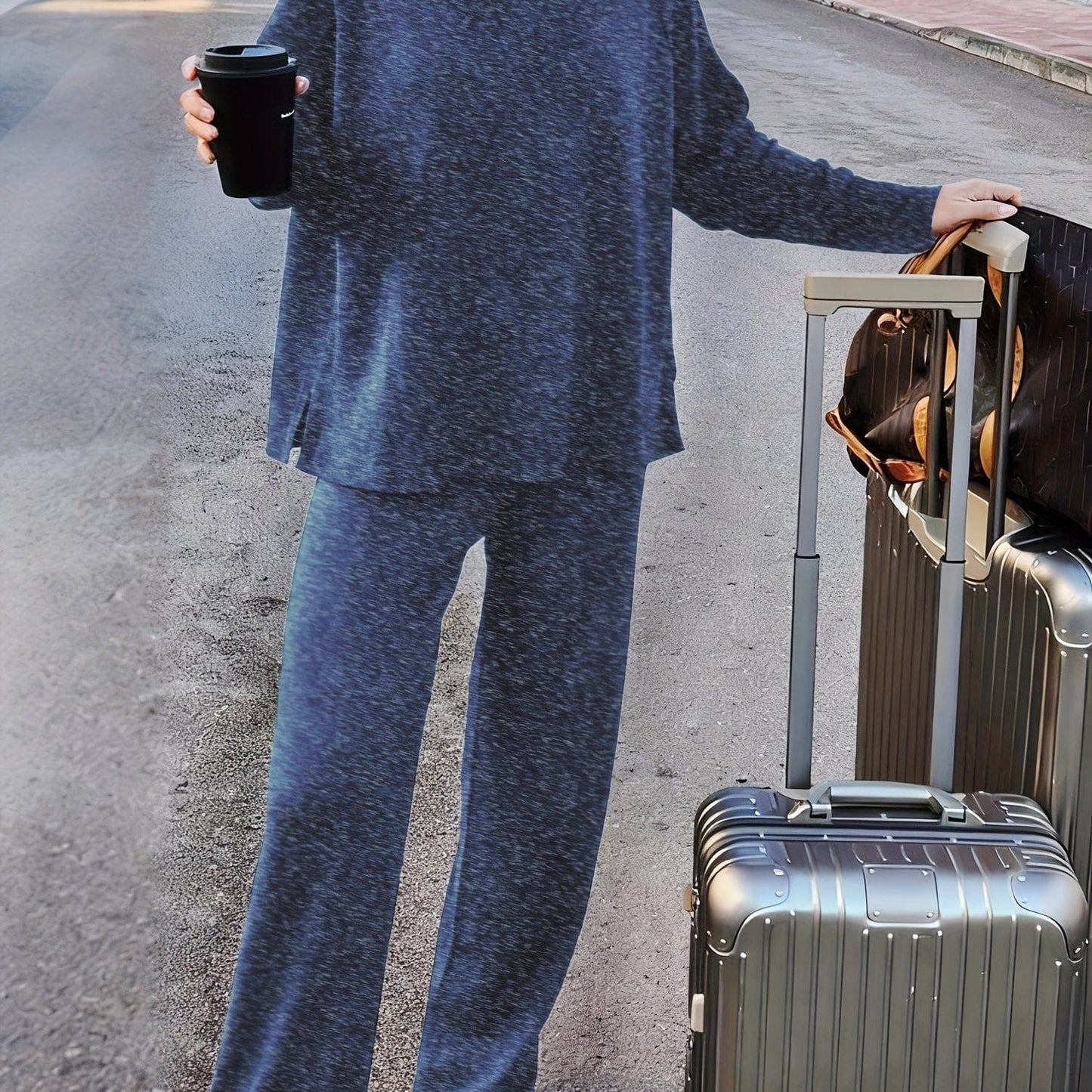 Luxe Fleece-Lined Loungewear Knit Set – Soft Round-Neck Sweater & Split-Hem Pant Ensemble Royal Blue / S The Nichole Collection