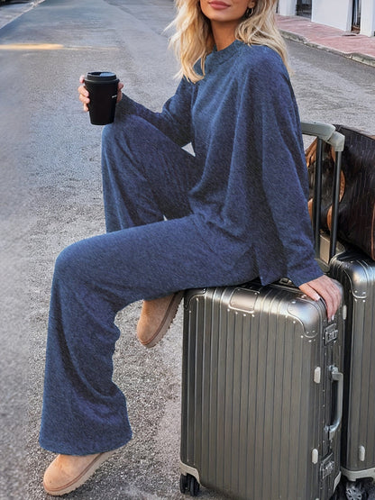 Luxe Fleece-Lined Loungewear Knit Set – Soft Round-Neck Sweater & Split-Hem Pant Ensemble The Nichole Collection