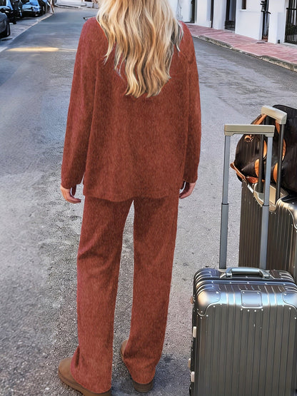 Luxe Fleece-Lined Loungewear Knit Set – Soft Round-Neck Sweater & Split-Hem Pant Ensemble The Nichole Collection