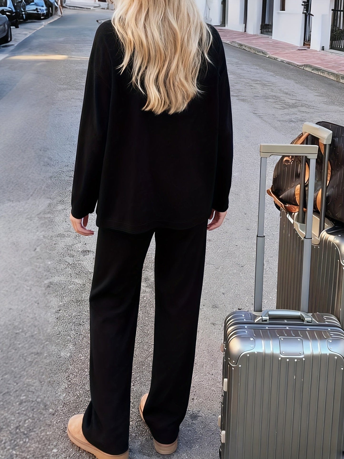 Luxe Fleece-Lined Loungewear Knit Set – Soft Round-Neck Sweater & Split-Hem Pant Ensemble The Nichole Collection