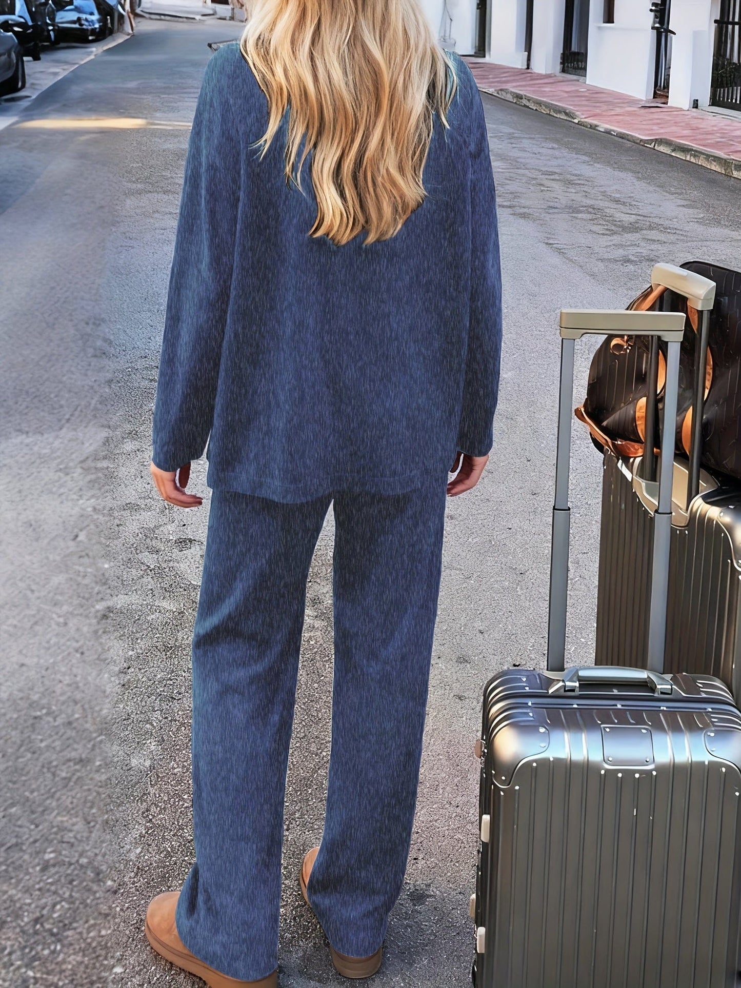 Luxe Fleece-Lined Loungewear Knit Set – Soft Round-Neck Sweater & Split-Hem Pant Ensemble The Nichole Collection