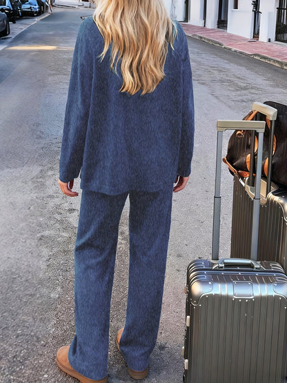 Luxe Fleece-Lined Loungewear Knit Set – Soft Round-Neck Sweater & Split-Hem Pant Ensemble The Nichole Collection