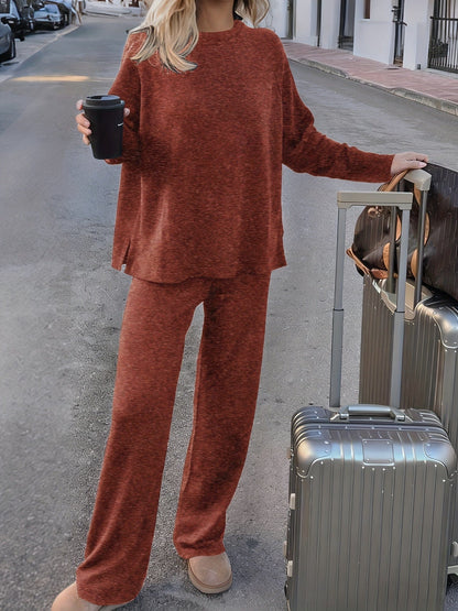 Luxe Fleece-Lined Loungewear Knit Set – Soft Round-Neck Sweater & Split-Hem Pant Ensemble The Nichole Collection