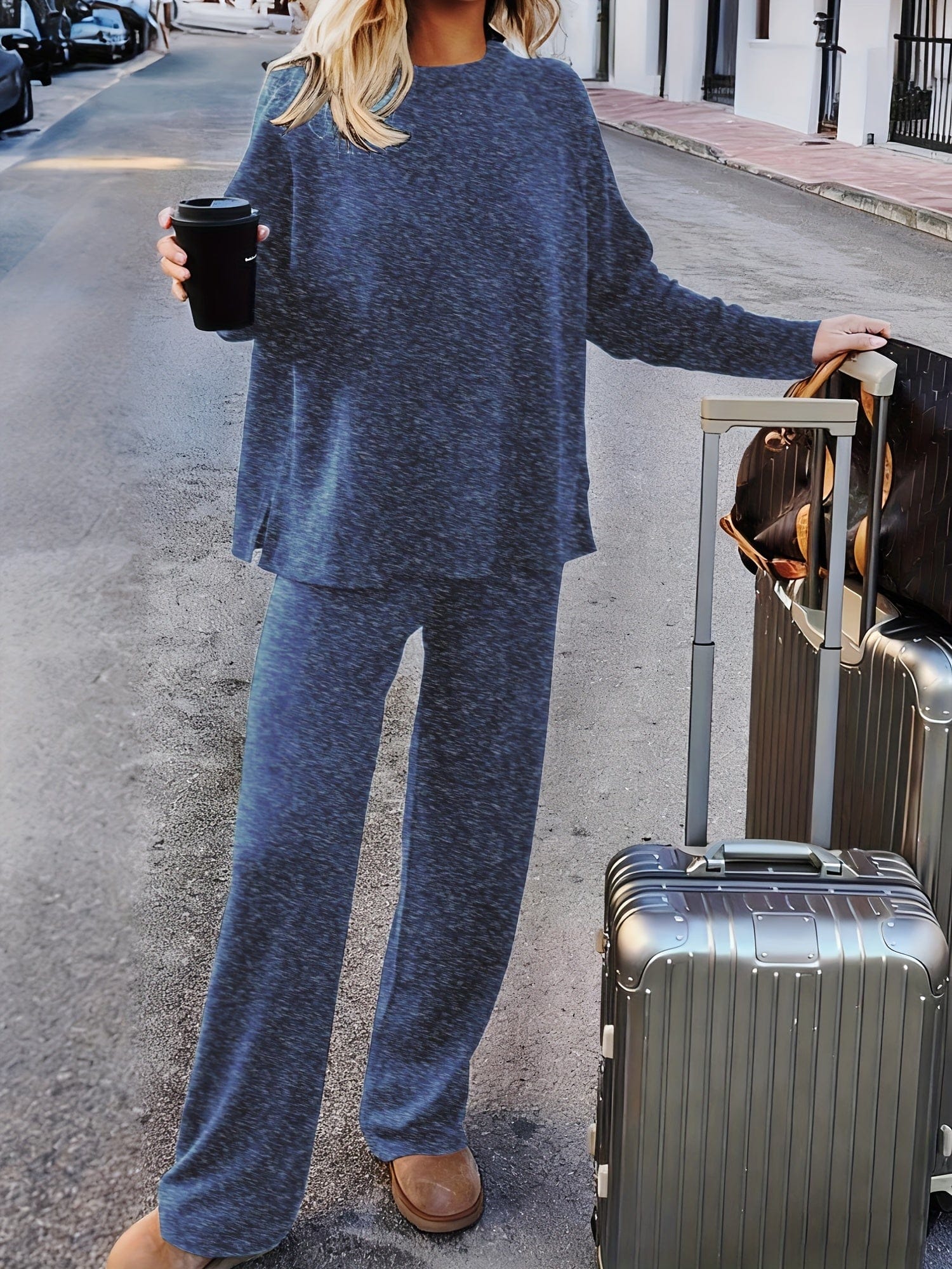 Luxe Fleece-Lined Loungewear Knit Set – Soft Round-Neck Sweater & Split-Hem Pant Ensemble The Nichole Collection