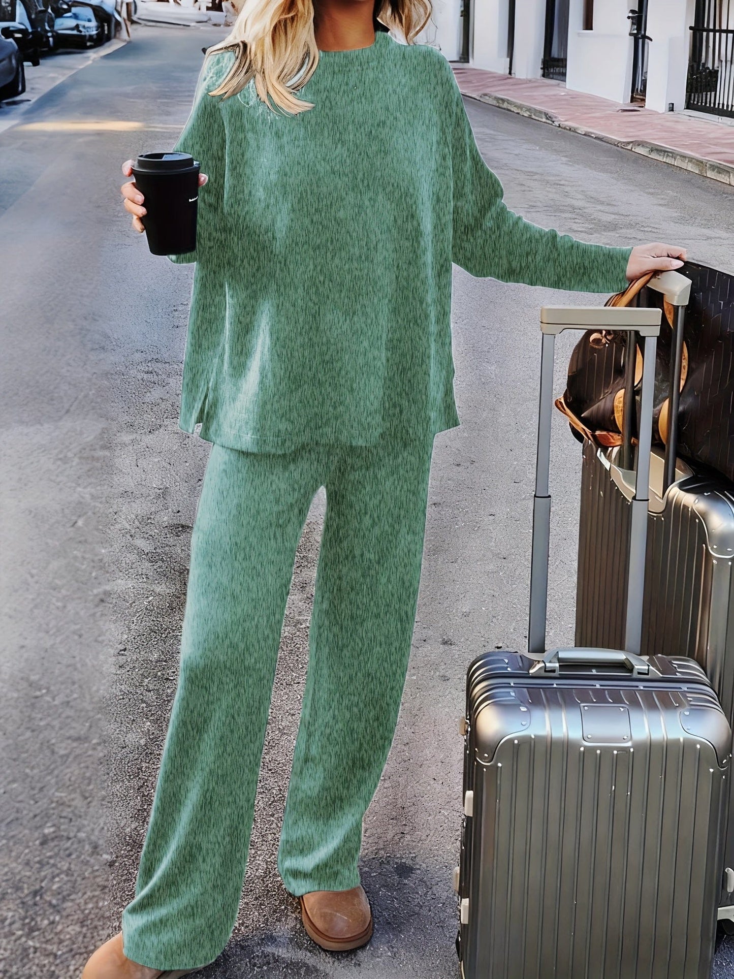 Luxe Fleece-Lined Loungewear Knit Set – Soft Round-Neck Sweater & Split-Hem Pant Ensemble The Nichole Collection