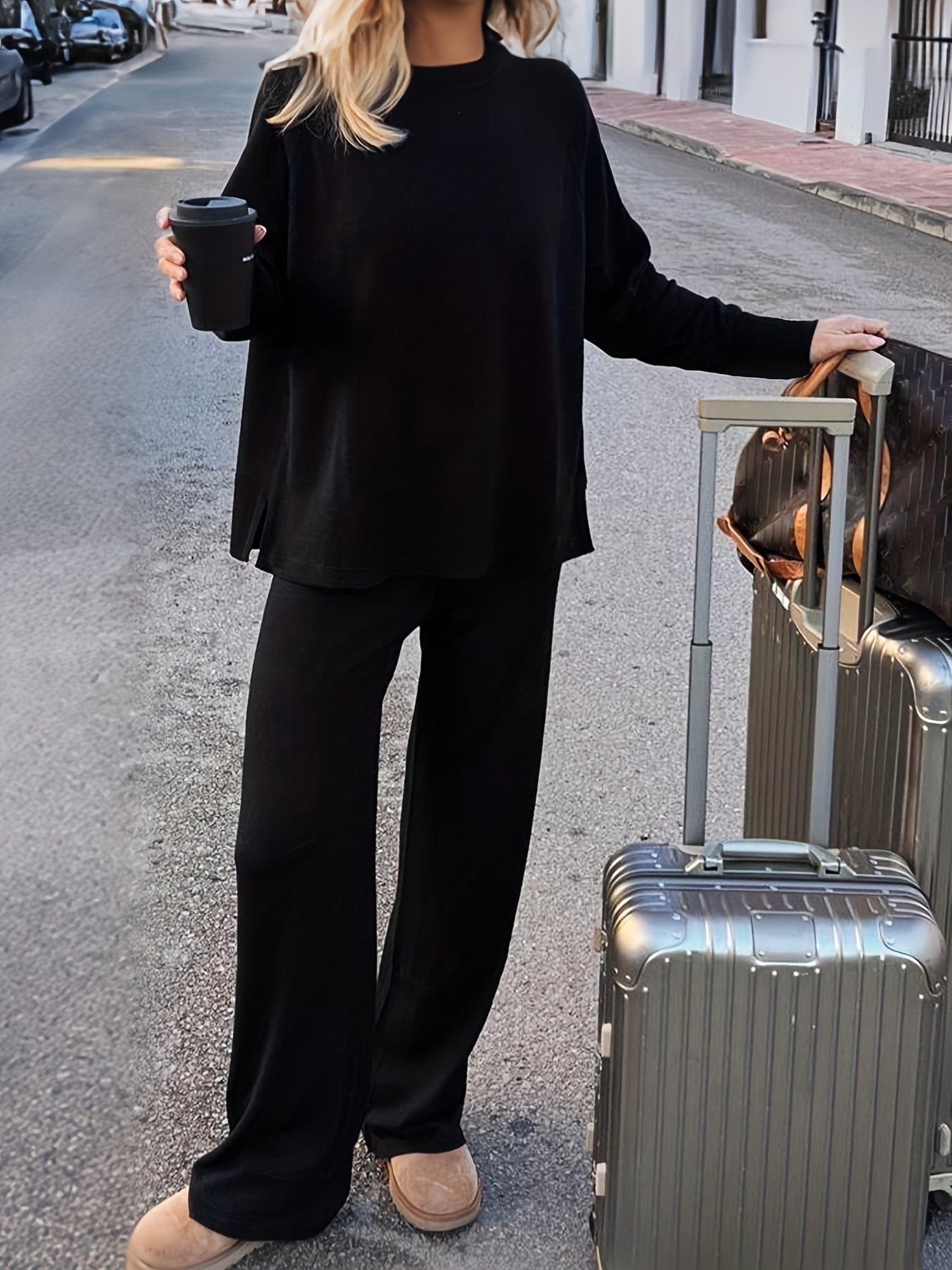 Luxe Fleece-Lined Loungewear Knit Set – Soft Round-Neck Sweater & Split-Hem Pant Ensemble The Nichole Collection