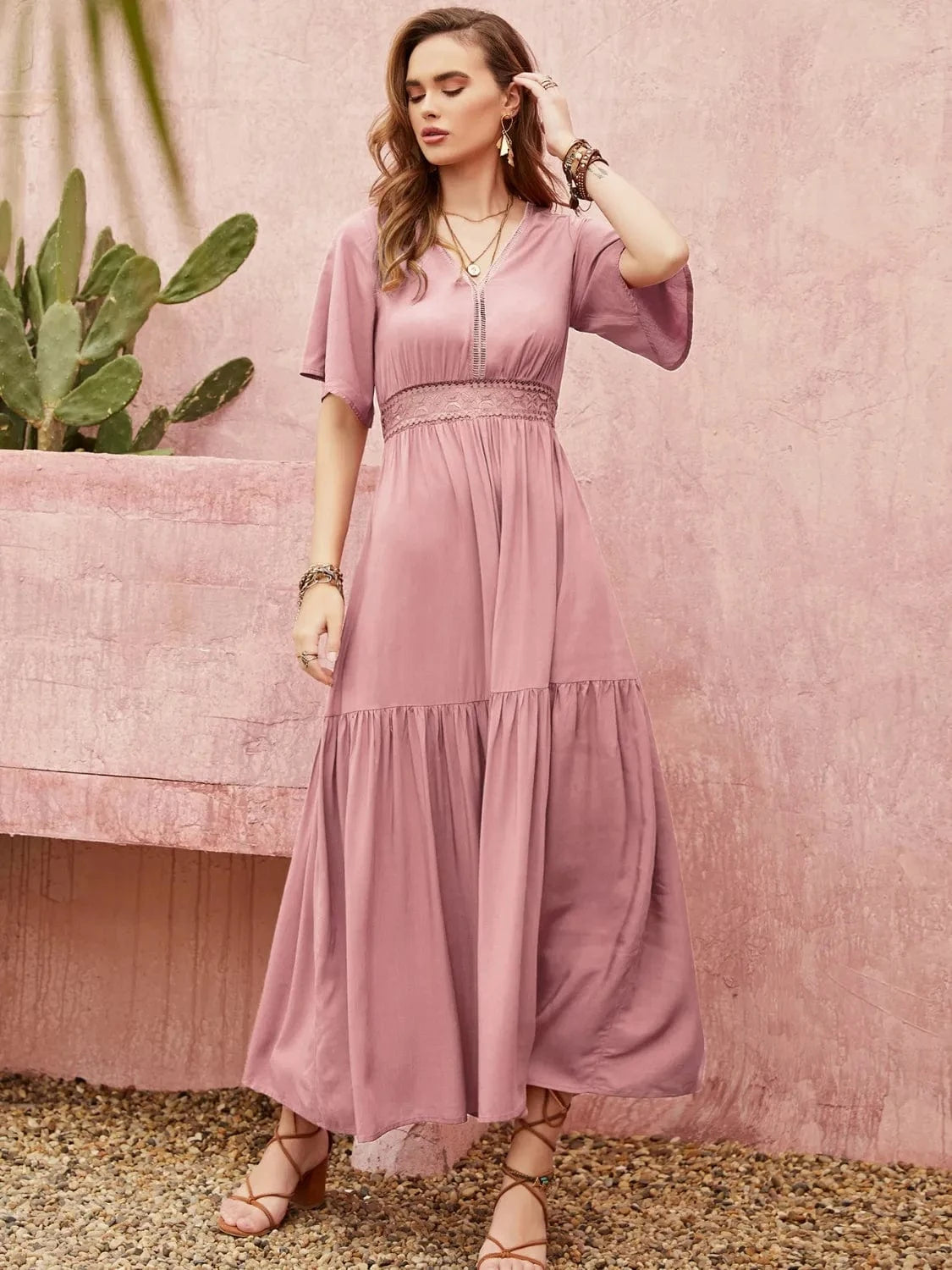Mauve Boho Maxi Dress – Flutter Sleeve Tiered Summer Dress with Smocked Waist The Nichole Collection