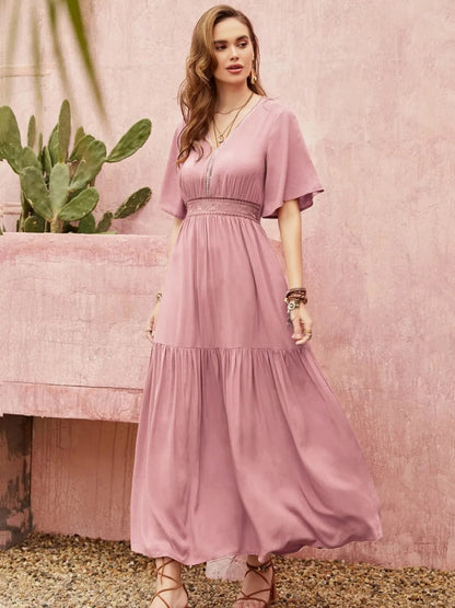 Mauve Boho Maxi Dress – Flutter Sleeve Tiered Summer Dress with Smocked Waist The Nichole Collection