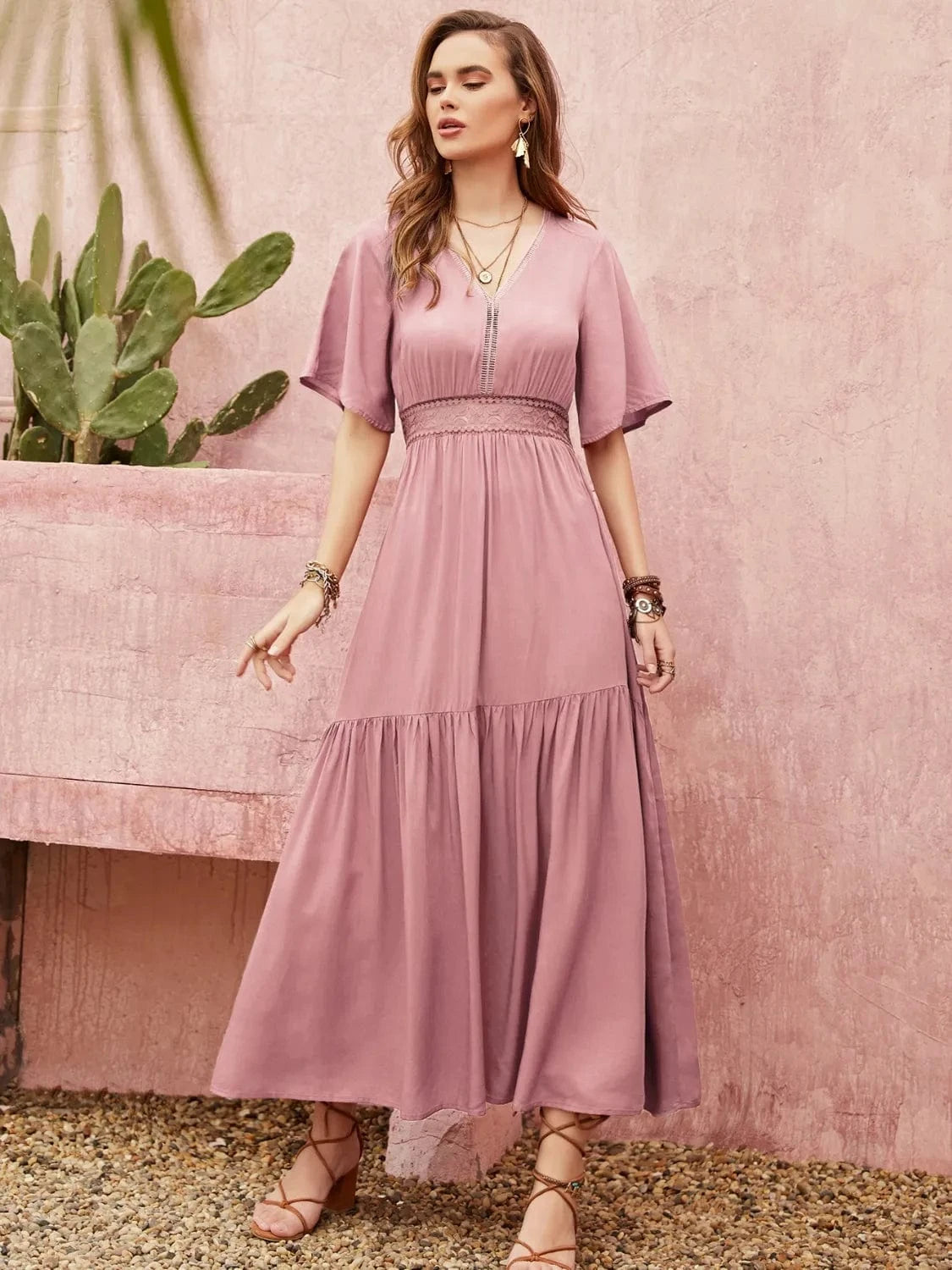 Mauve Boho Maxi Dress – Flutter Sleeve Tiered Summer Dress with Smocked Waist The Nichole Collection