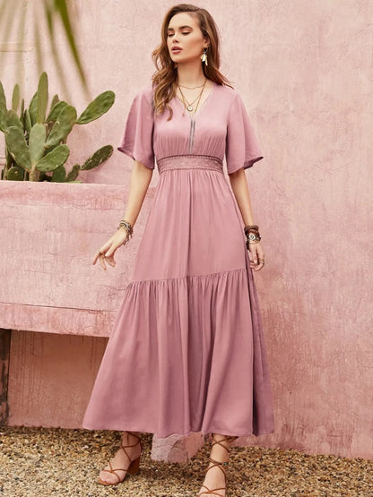 Mauve Boho Maxi Dress – Flutter Sleeve Tiered Summer Dress with Smocked Waist The Nichole Collection