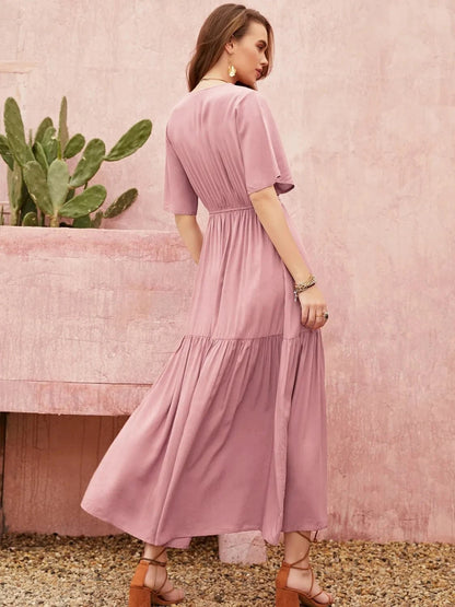 Mauve Boho Maxi Dress – Flutter Sleeve Tiered Summer Dress with Smocked Waist The Nichole Collection