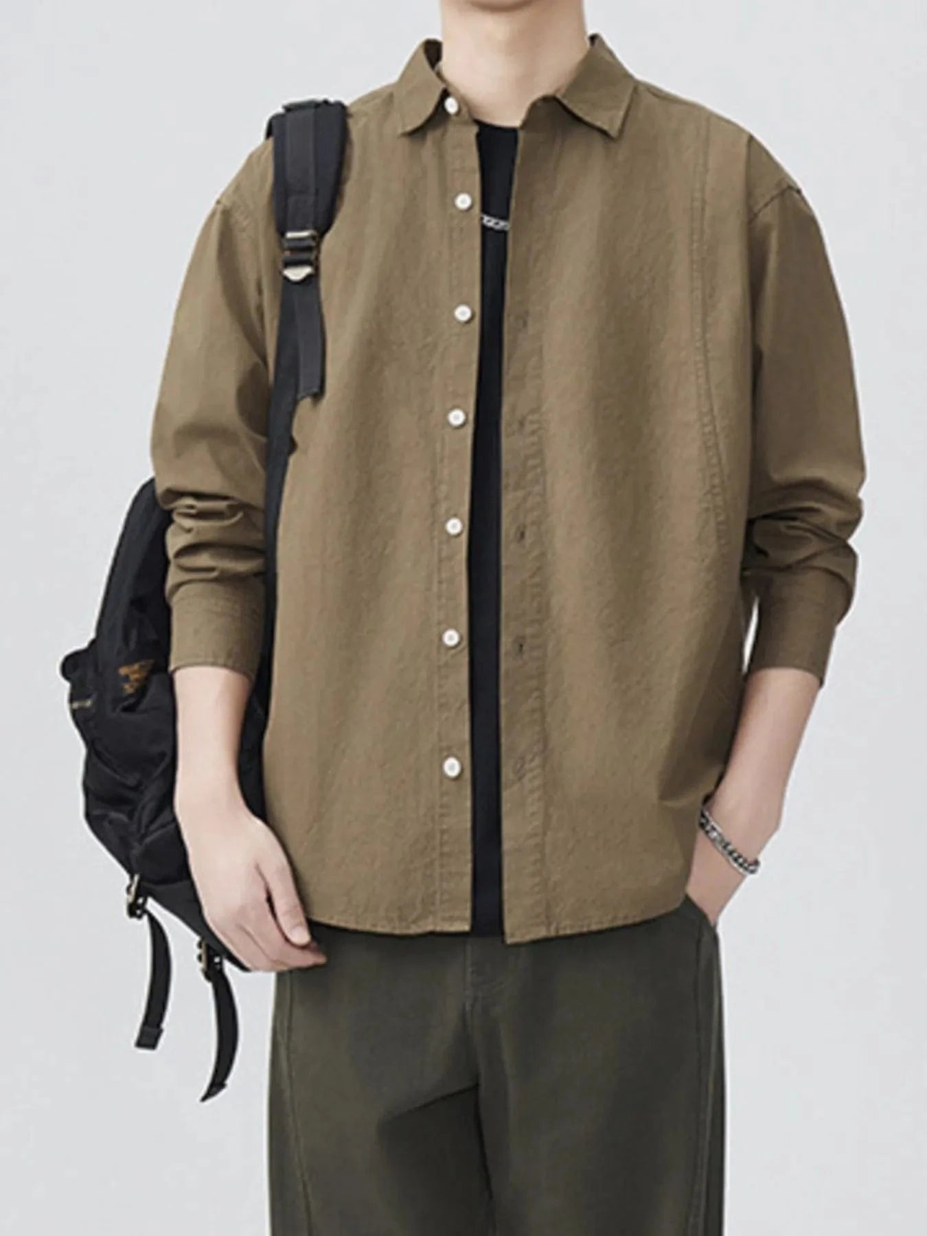 Men's 100% Cotton Button Down Long Sleeve Shirt Coffee Color / M The Nichole Collection