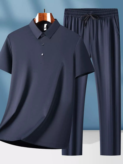 Men's Button Detail Short Sleeve Top and Pants Set Dark Blue / M Trendsi