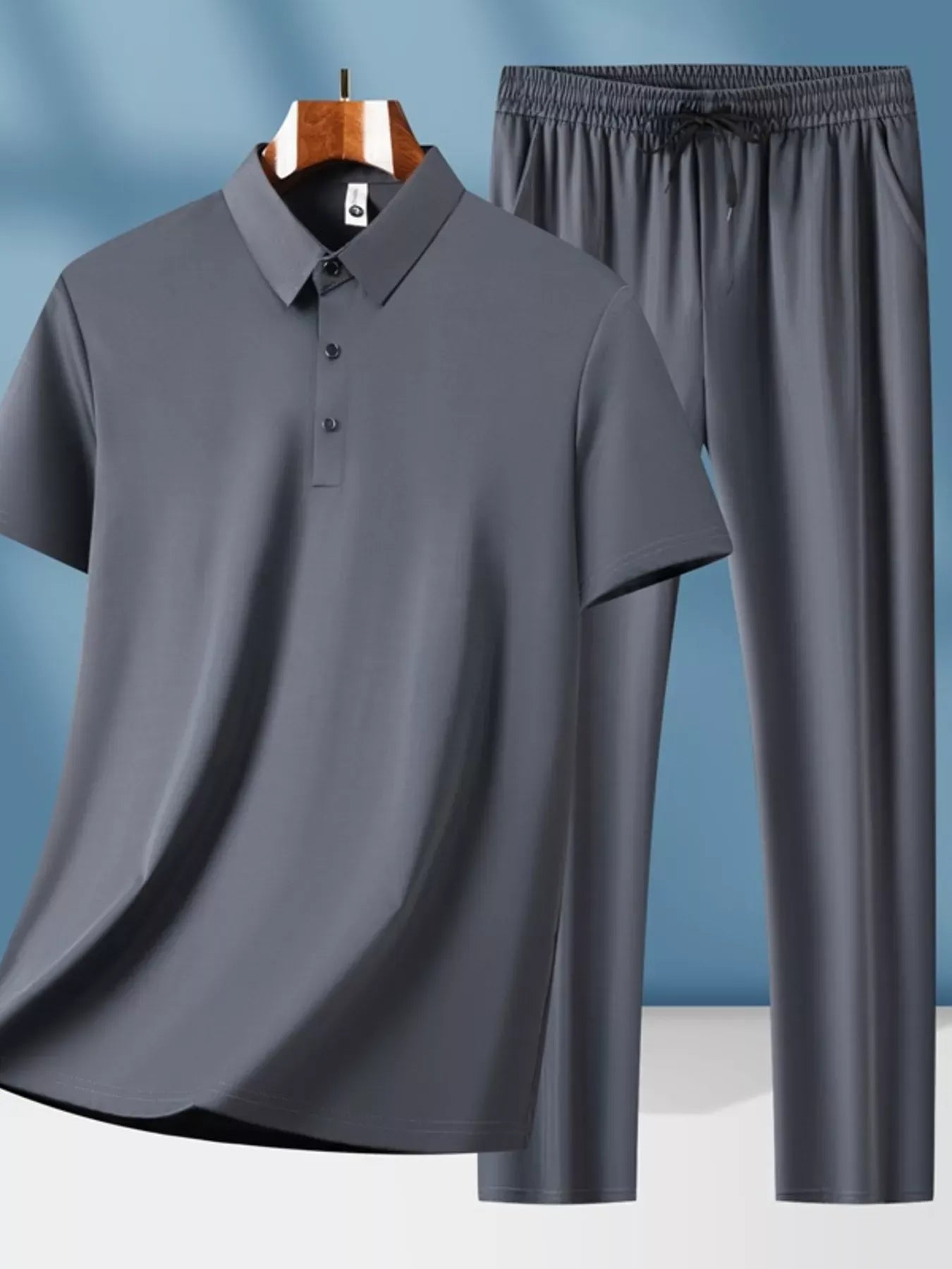 Men's Button Detail Short Sleeve Top and Pants Set Dark Gray / M Trendsi