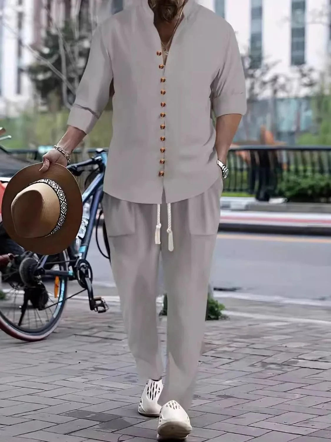 Men's Button Front Long Sleeve Shirt and Pants Set Men's Sets Gray / S The Nichole Collection