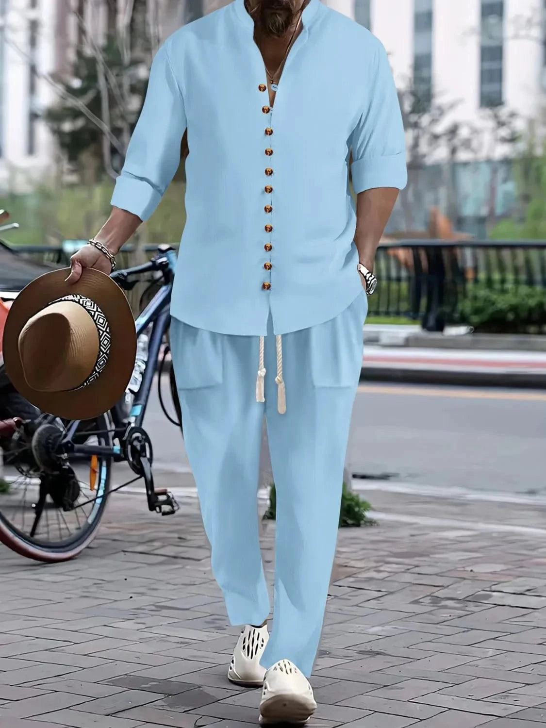 Men's Button Front Long Sleeve Shirt and Pants Set Men's Sets Light Blue / S The Nichole Collection