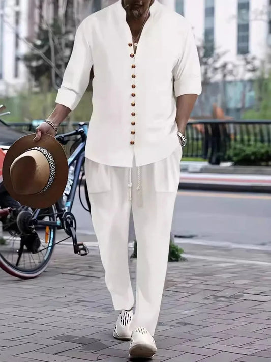 Men's Button Front Long Sleeve Shirt and Pants Set Men's Sets White / S The Nichole Collection