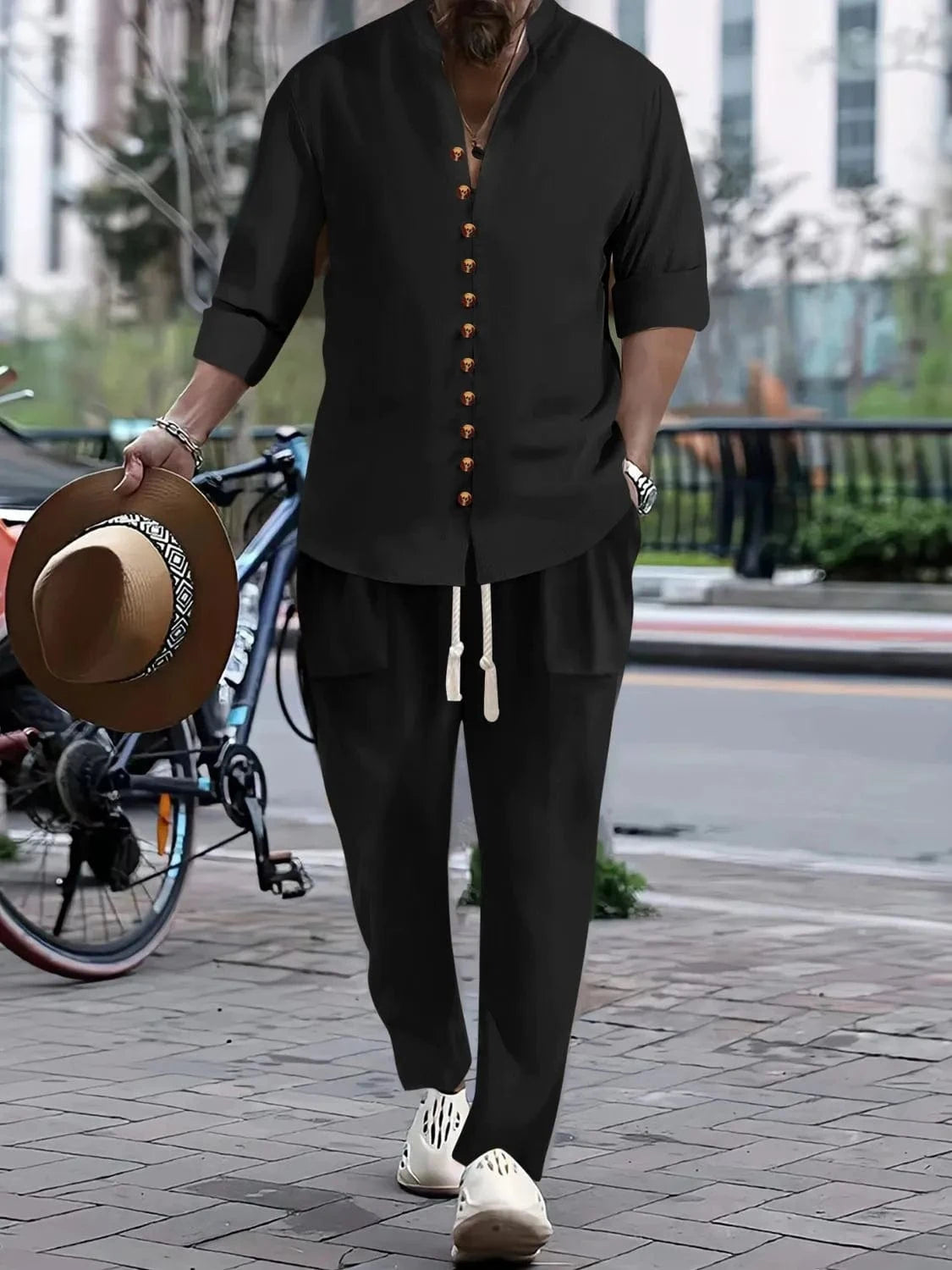 Men's Button Front Long Sleeve Shirt and Pants Set Men's Sets Black / S The Nichole Collection