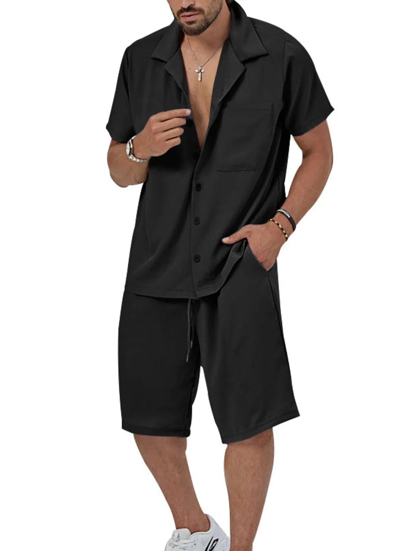 Men's Button Up Short Sleeve Shirt and Shorts Set Black / M The Nichole Collection