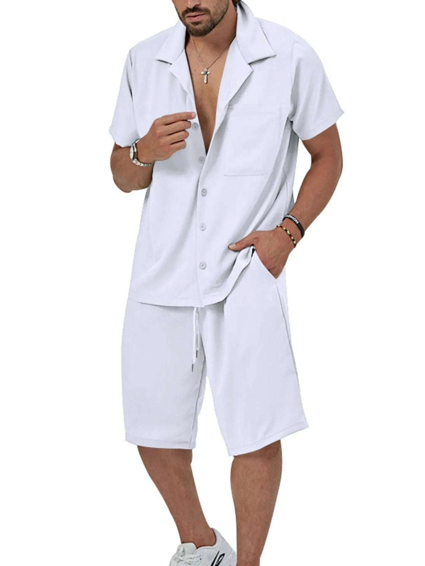 Men's Button Up Short Sleeve Shirt and Shorts Set White / M The Nichole Collection
