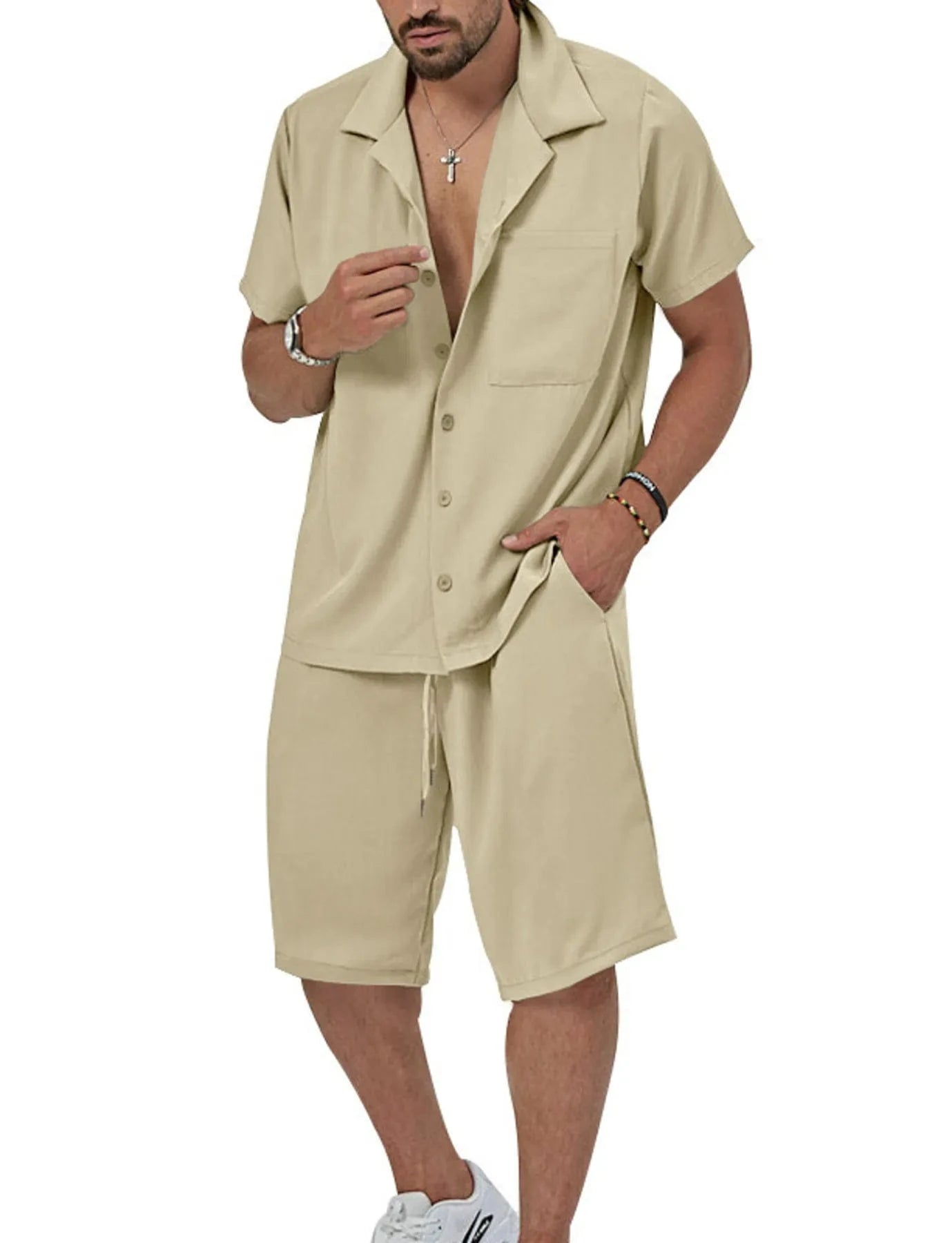 Men's Button Up Short Sleeve Shirt and Shorts Set Khaki / M The Nichole Collection