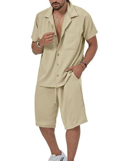 Men's Button Up Short Sleeve Shirt and Shorts Set Khaki / M The Nichole Collection