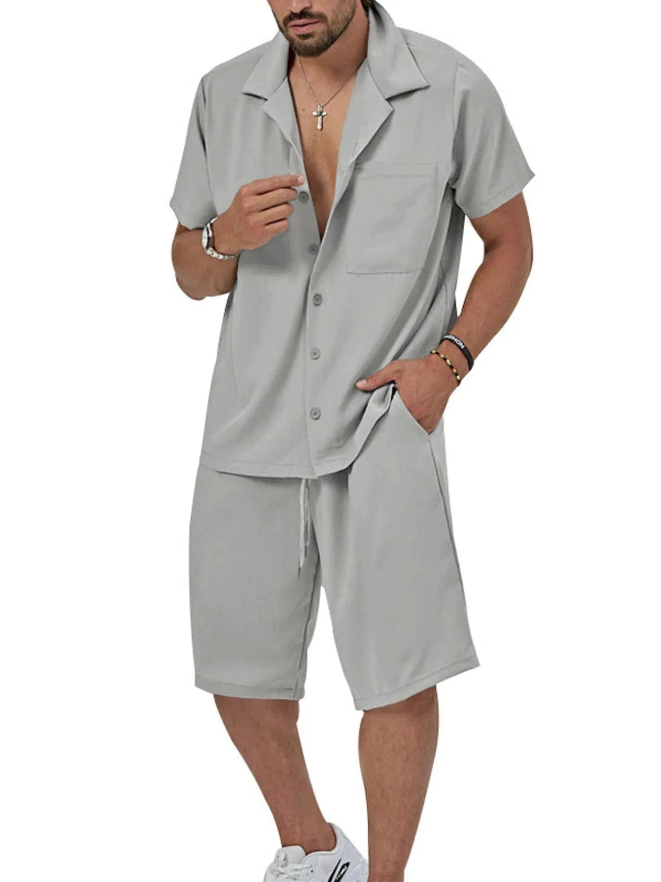 Men's Button Up Short Sleeve Shirt and Shorts Set Gray / M The Nichole Collection