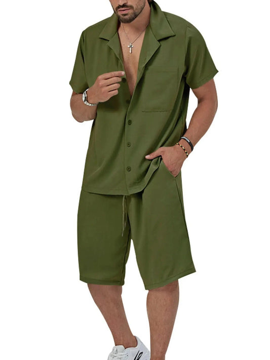Men's Button Up Short Sleeve Shirt and Shorts Set Military Green / M The Nichole Collection