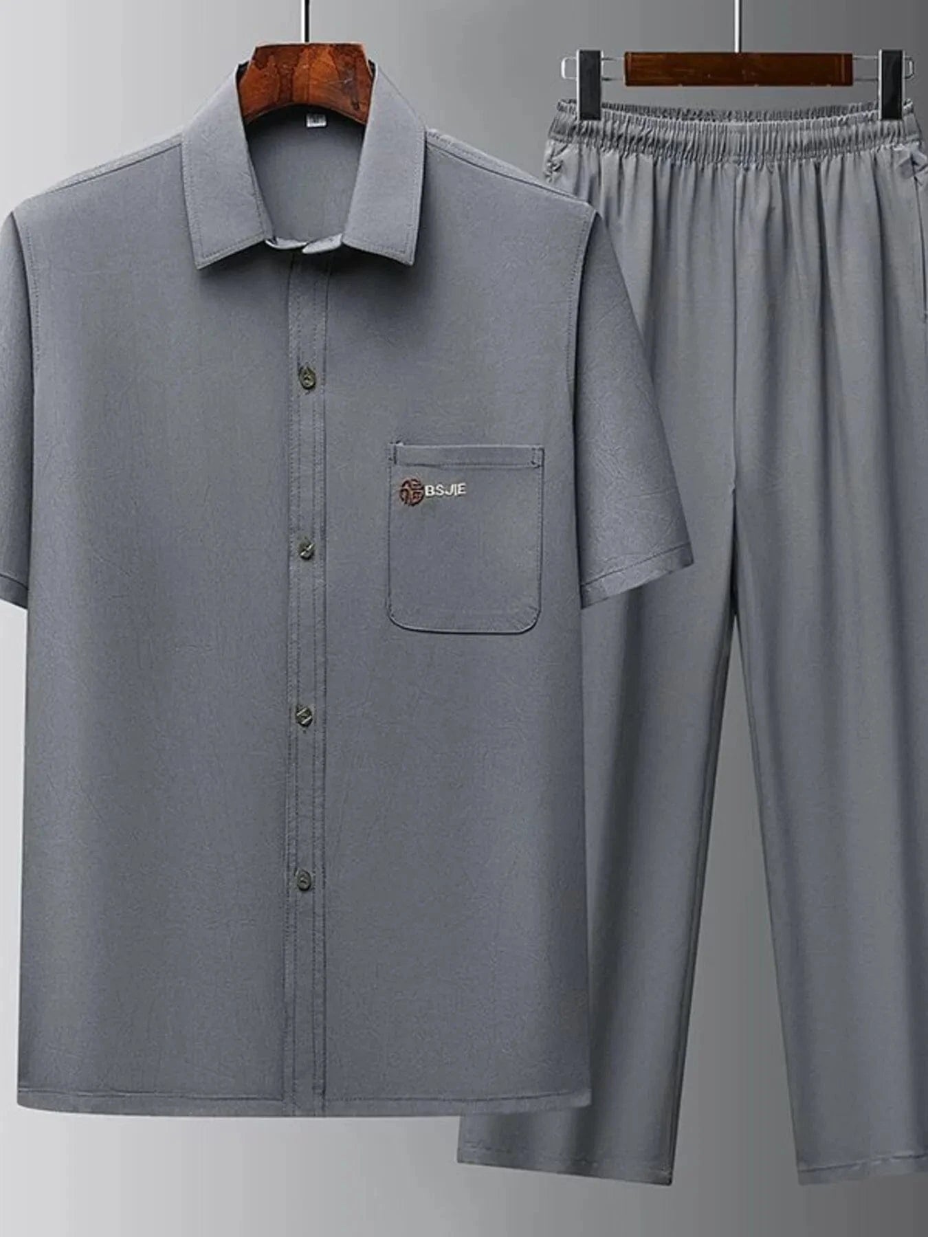 Men's Button Up Short Sleeve Top and Pants Set Dark Gray / S The Nichole Collection