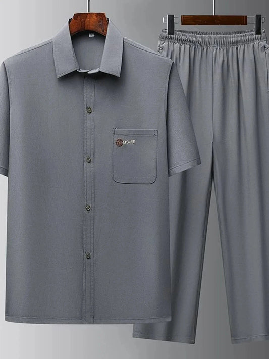 Men's Button Up Short Sleeve Top and Pants Set Dark Gray / S The Nichole Collection