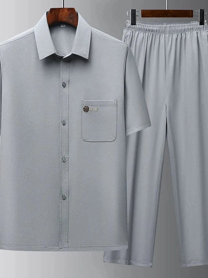 Men's Button Up Short Sleeve Top and Pants Set Gray / S The Nichole Collection