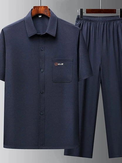 Men's Button Up Short Sleeve Top and Pants Set Navy / S The Nichole Collection