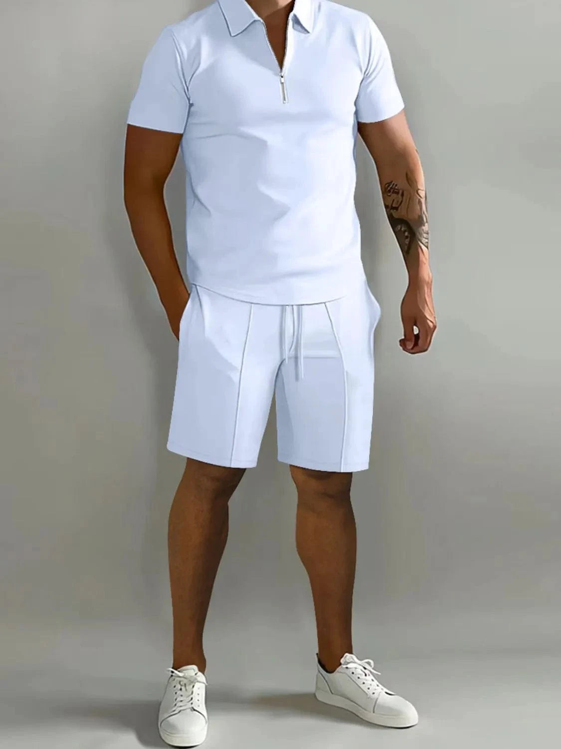 Men's Collared Neck Short Sleeve Top and Shorts Set Men's Sets White / S The Nichole Collection