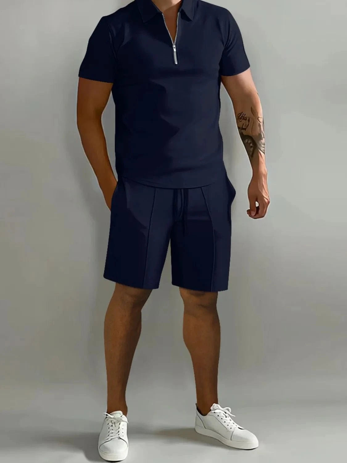 Men's Collared Neck Short Sleeve Top and Shorts Set Men's Sets Dark Blue / S The Nichole Collection