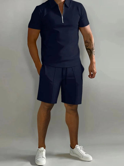 Men's Collared Neck Short Sleeve Top and Shorts Set Men's Sets Dark Blue / S The Nichole Collection