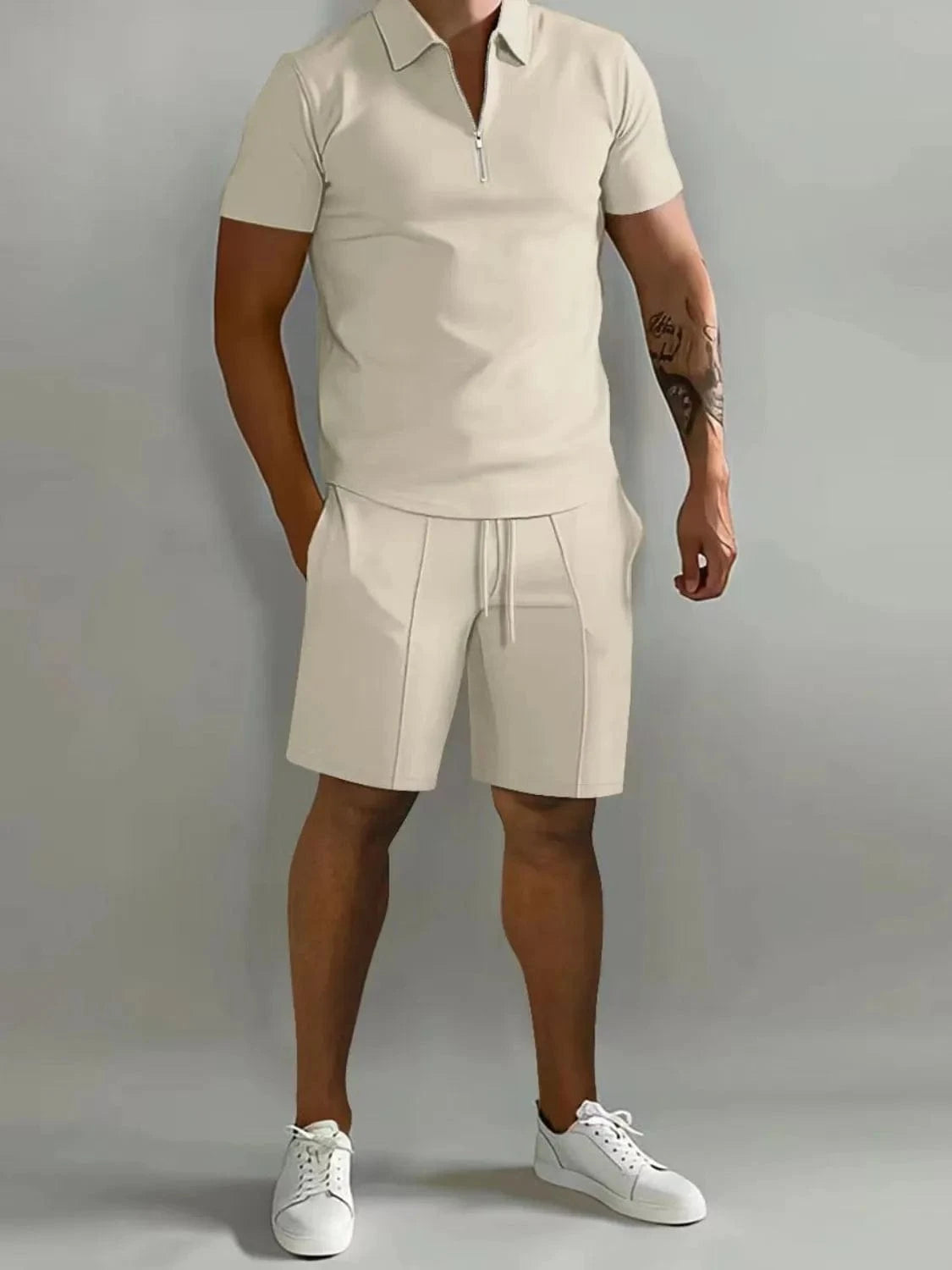 Men's Collared Neck Short Sleeve Top and Shorts Set Men's Sets Tan / S The Nichole Collection