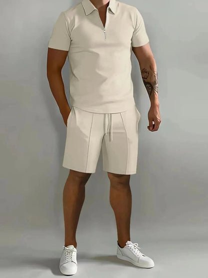 Men's Collared Neck Short Sleeve Top and Shorts Set Men's Sets Tan / S The Nichole Collection
