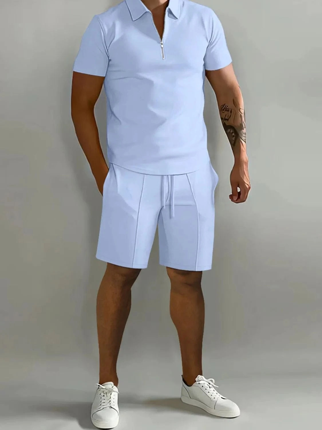 Men's Collared Neck Short Sleeve Top and Shorts Set Men's Sets Light Blue / S The Nichole Collection