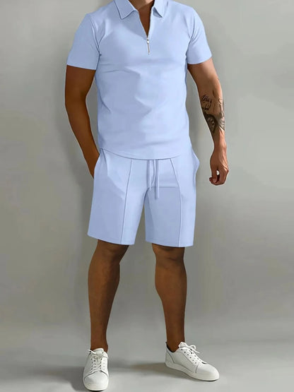 Men's Collared Neck Short Sleeve Top and Shorts Set Men's Sets Light Blue / S The Nichole Collection