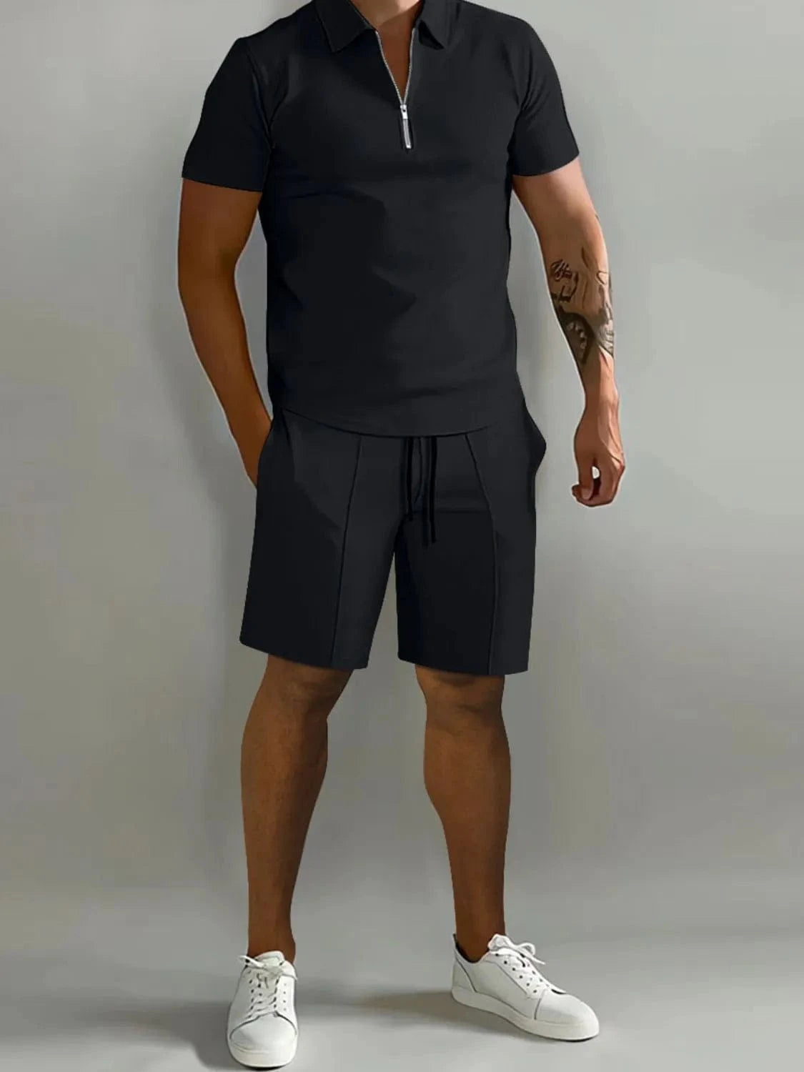 Men's Collared Neck Short Sleeve Top and Shorts Set Men's Sets Black / S The Nichole Collection
