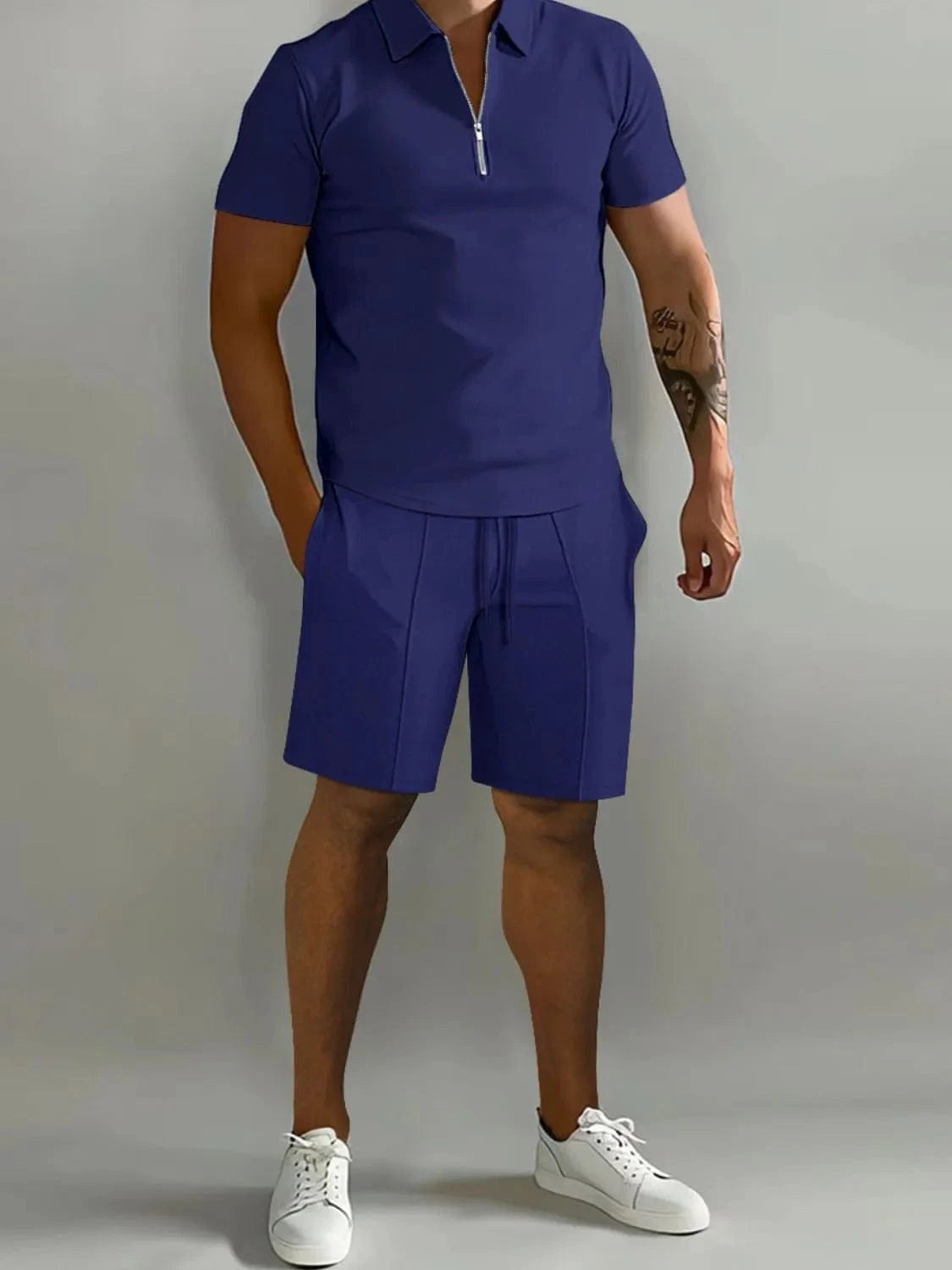 Men's Collared Neck Short Sleeve Top and Shorts Set Men's Sets Navy / S The Nichole Collection